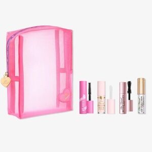 Too Faced Pink Travel Makeup Bag with Mini Mascara, Lip Balm & Brow Gel Set